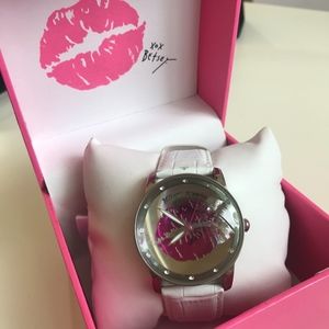 Betsey Johnson White Leather Lips Rhinestone Watch